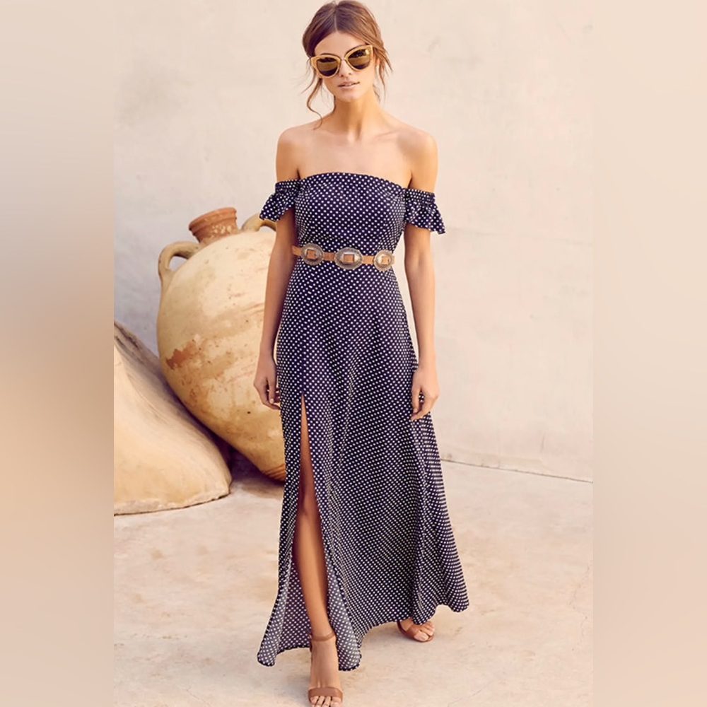 LULU’S - Dream Love Navy Blue Polka Dot Off-the-Shoulder Maxi Dress